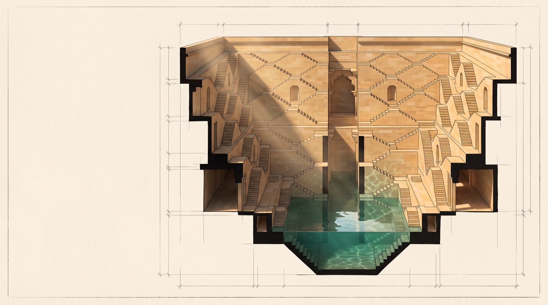A sandstone stepwell drawn in section on cream paper: terraces of zig-zag stairs descend to teal water.